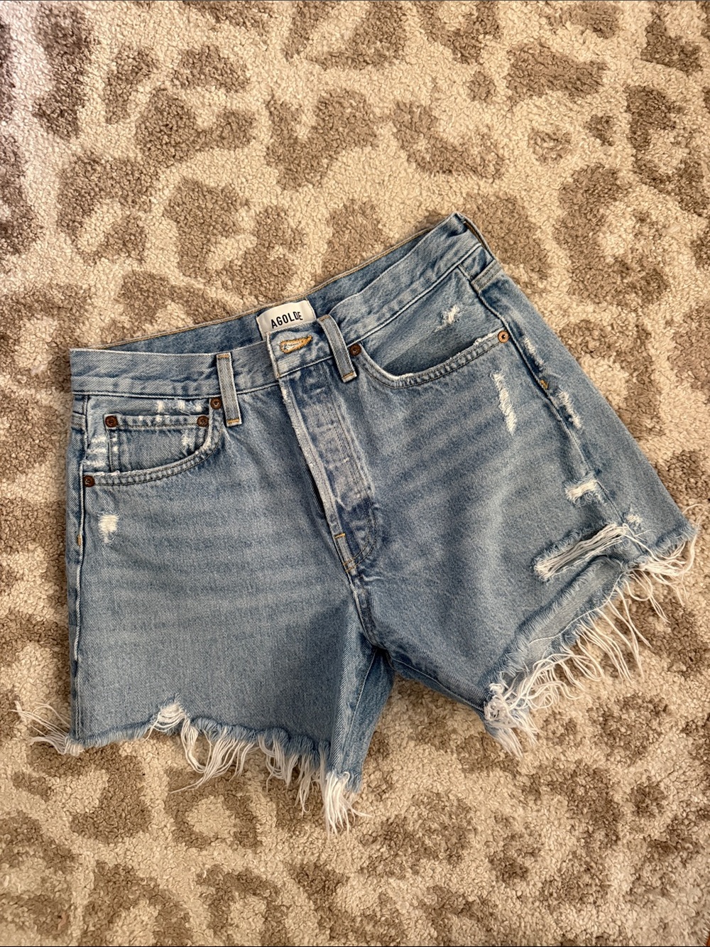 Agolde Light Blue Distressed High-Rise Denim Shorts